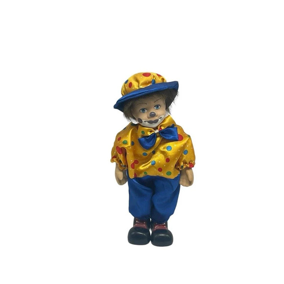Vintage Blue Yellow Porcelain Musical Clown Doll 80’S Working 13” RARE - Picture 1 of 15